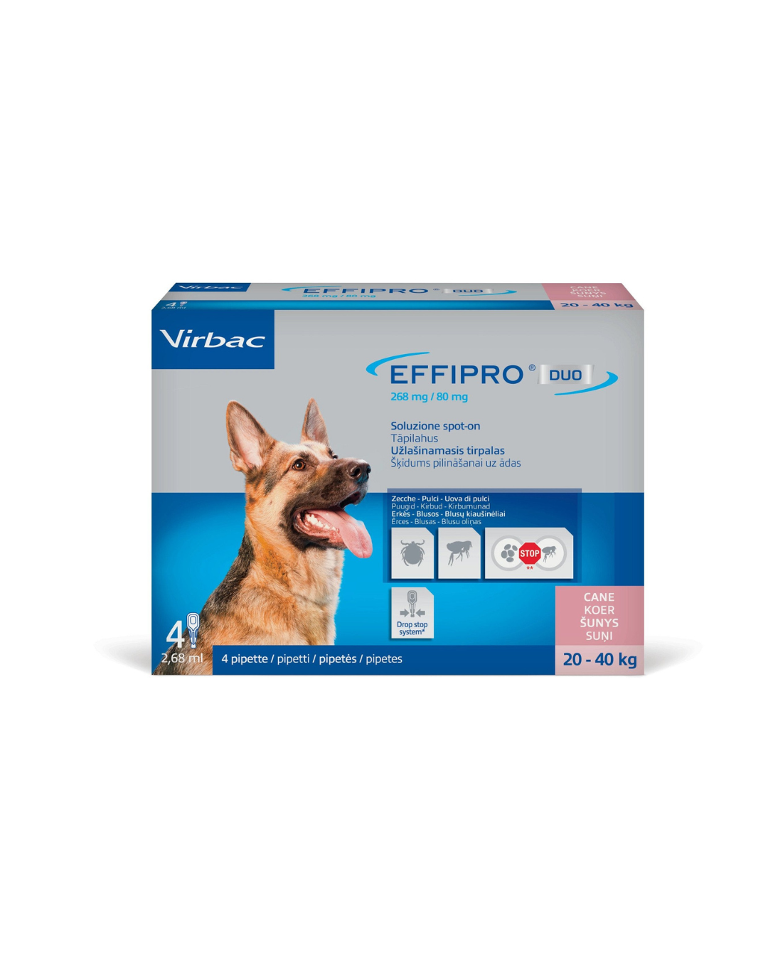 Virbac - Effipro Duo Spot-On Antiparassitario Cani da 20-40 Kg 4 Pipette