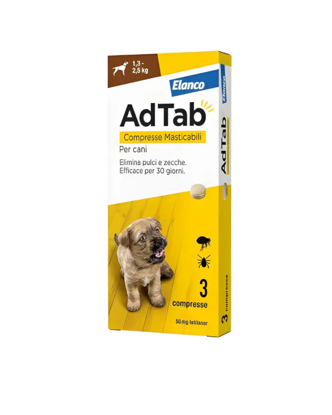 AdTab - Elanco - 3 Compresse Antiparassitarie Masticabili Per Cani 1,3 - 2,5 kg