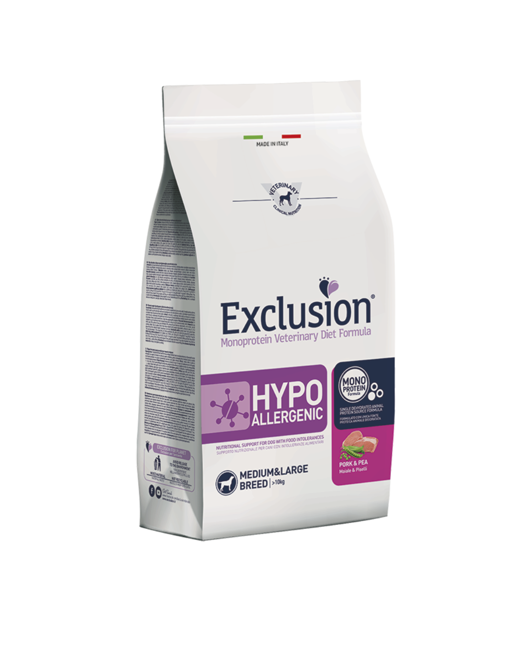 Exclusion - Veterinary Diet Hypoallergenic Medium e Large Breed - Maiale e Piselli 12kg