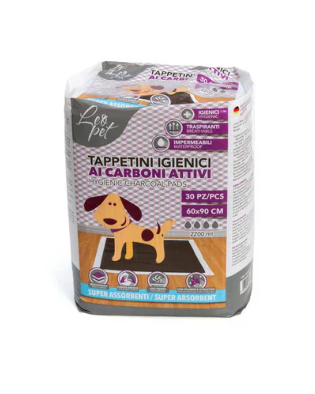 LeoPet - Tappetini Assorbenti ai Carboni Attivi con Strip Adesivo - 30 pz - 60x90 cm