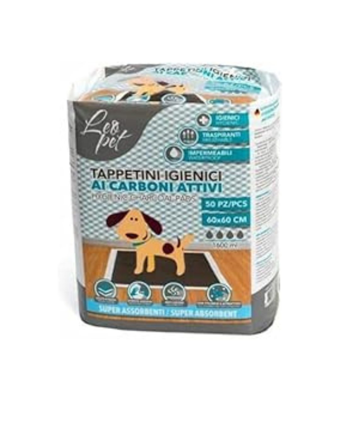 LeoPet - Tappetini Assorbenti ai Carboni Attivi con Strip Adesivo - 50 pz - 60x60 cm