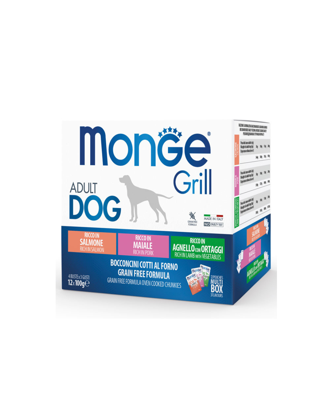 Monge Grill Mix Cane Adulto - Multipack 12x100gr - Gusti Salmone, Maiale, Agnello e Ortaggi