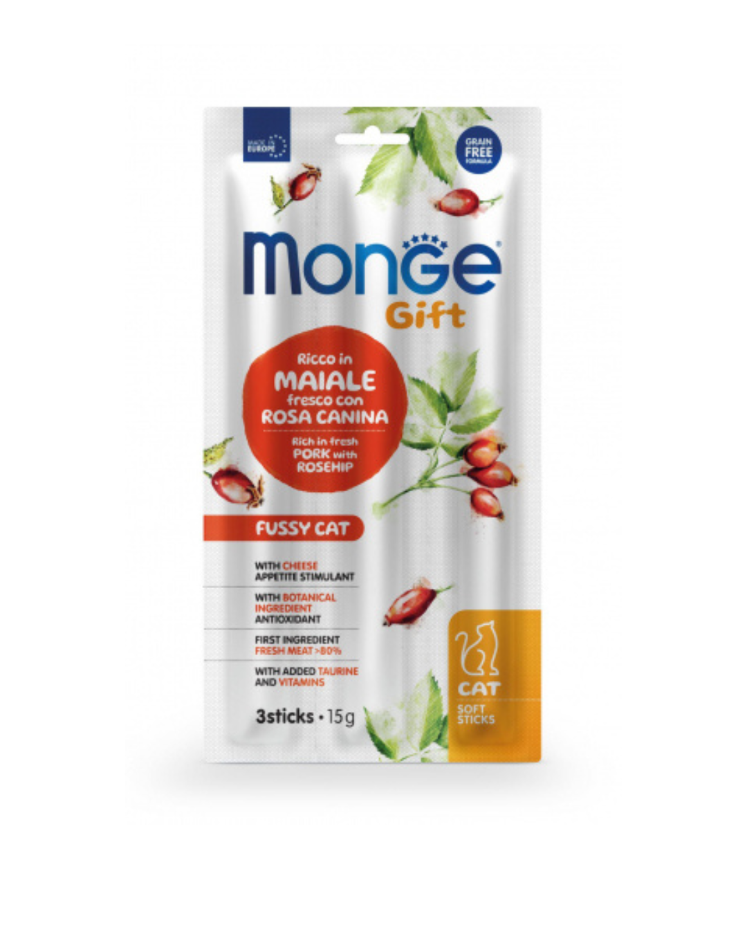Monge Gift Gatto Fussy Cat - Con Maiale Fresco e Rosa Canina - 3 Soft Sticks 15 gr