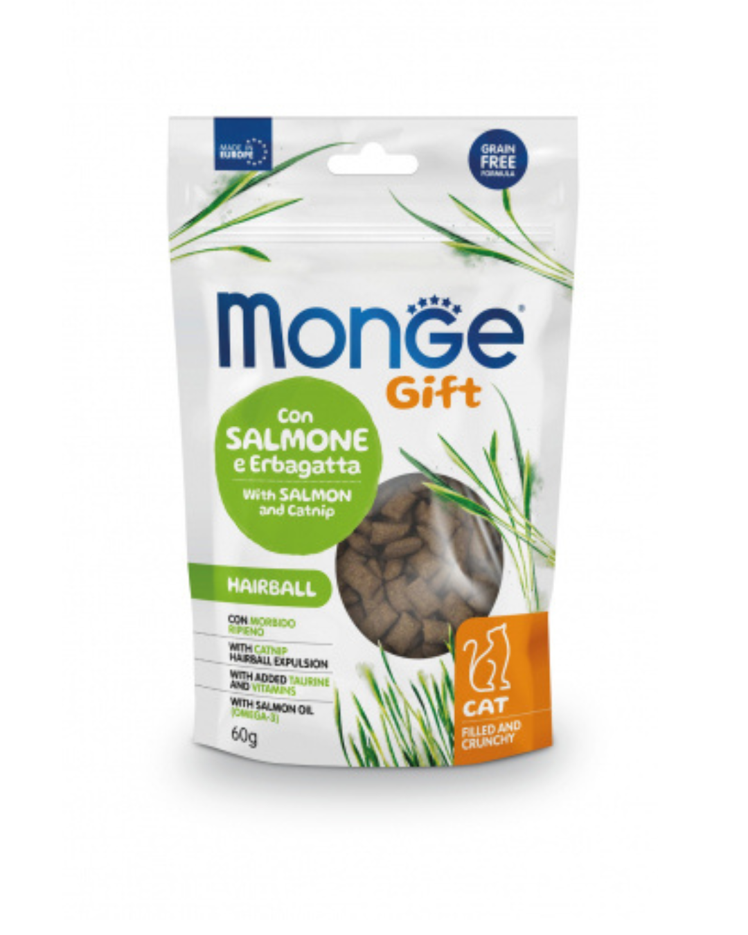 Monge Gift Gatto Hairball - Bocconcini con Morbido Ripieno Con Salmone e Erbagatta 60 gr
