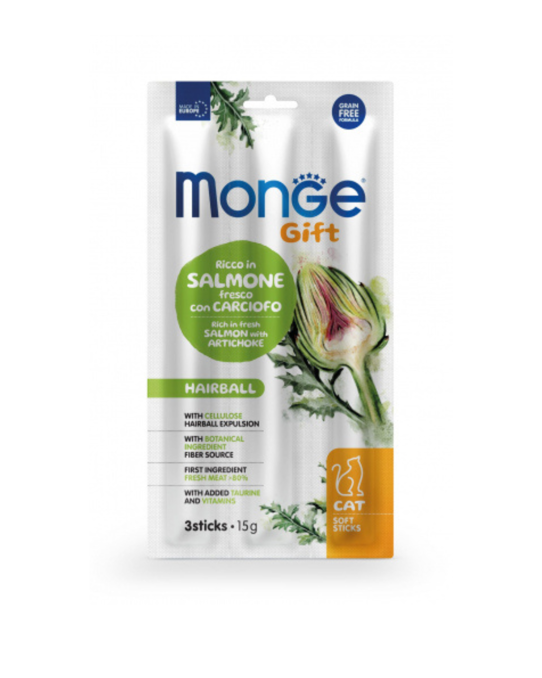 Monge Gift Gatto Hairball - Con Salmone Fresco e Carciofo - 3 Soft Sticks 15 gr