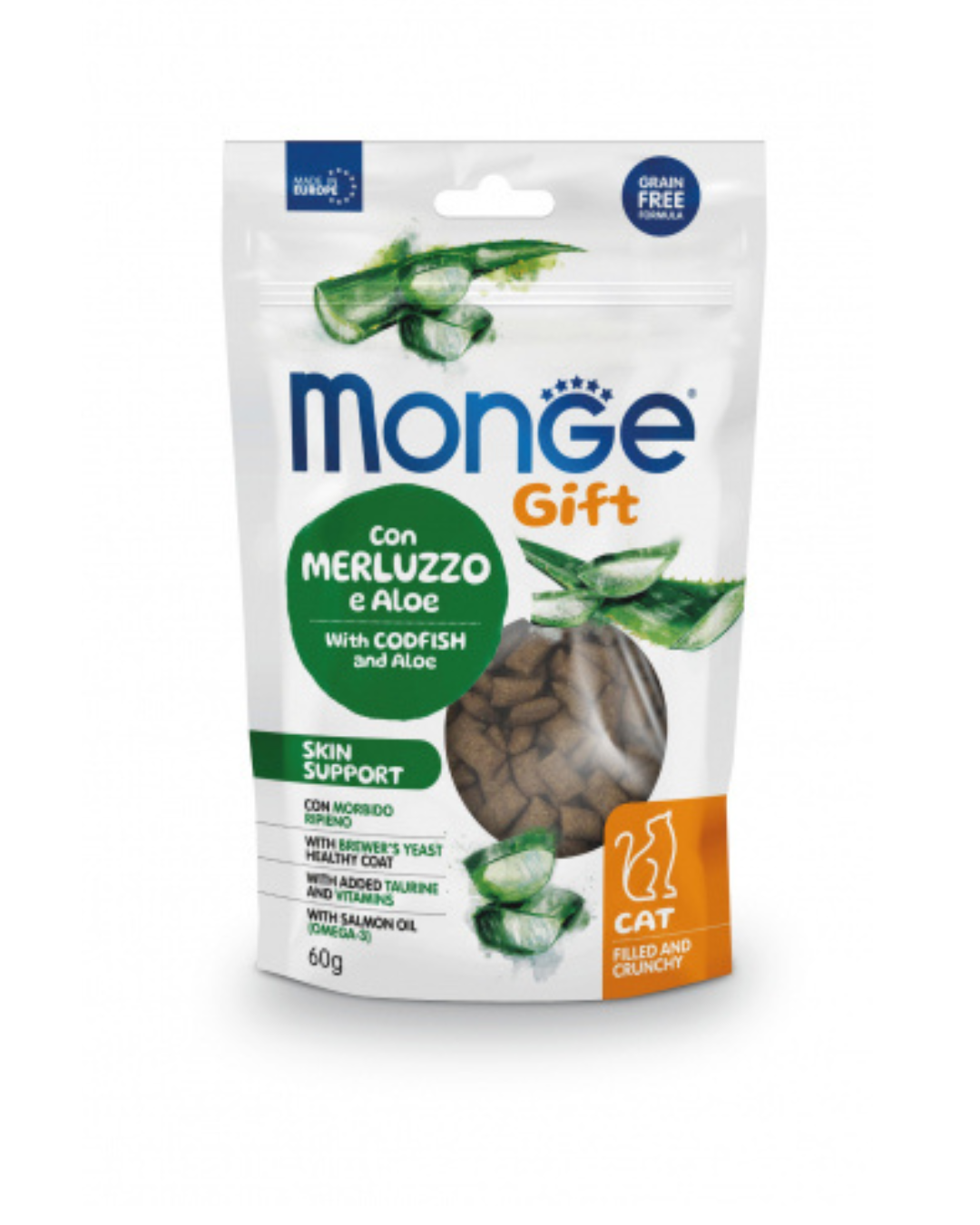Monge Gift Gatto Skin Support - Bocconcini con Morbido Ripieno Con Merluzzo e Aloe 60 gr