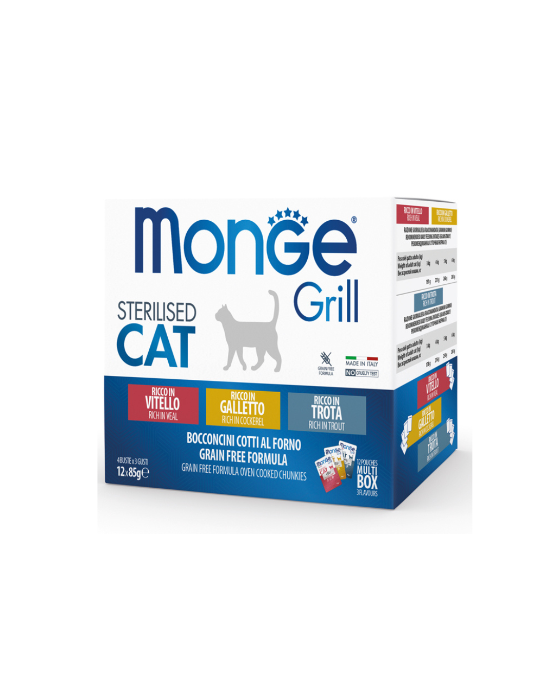 Monge Grill Mix Gatto Sterilizzato Multipack 12x85 gr - Gusti Trota, Vitello, Galletto