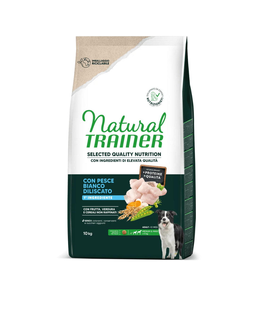 Natural Trainer - Selected Quality Nutrition per Cani Adulti Medium/maxi - Pesce Bianco da 10 kg