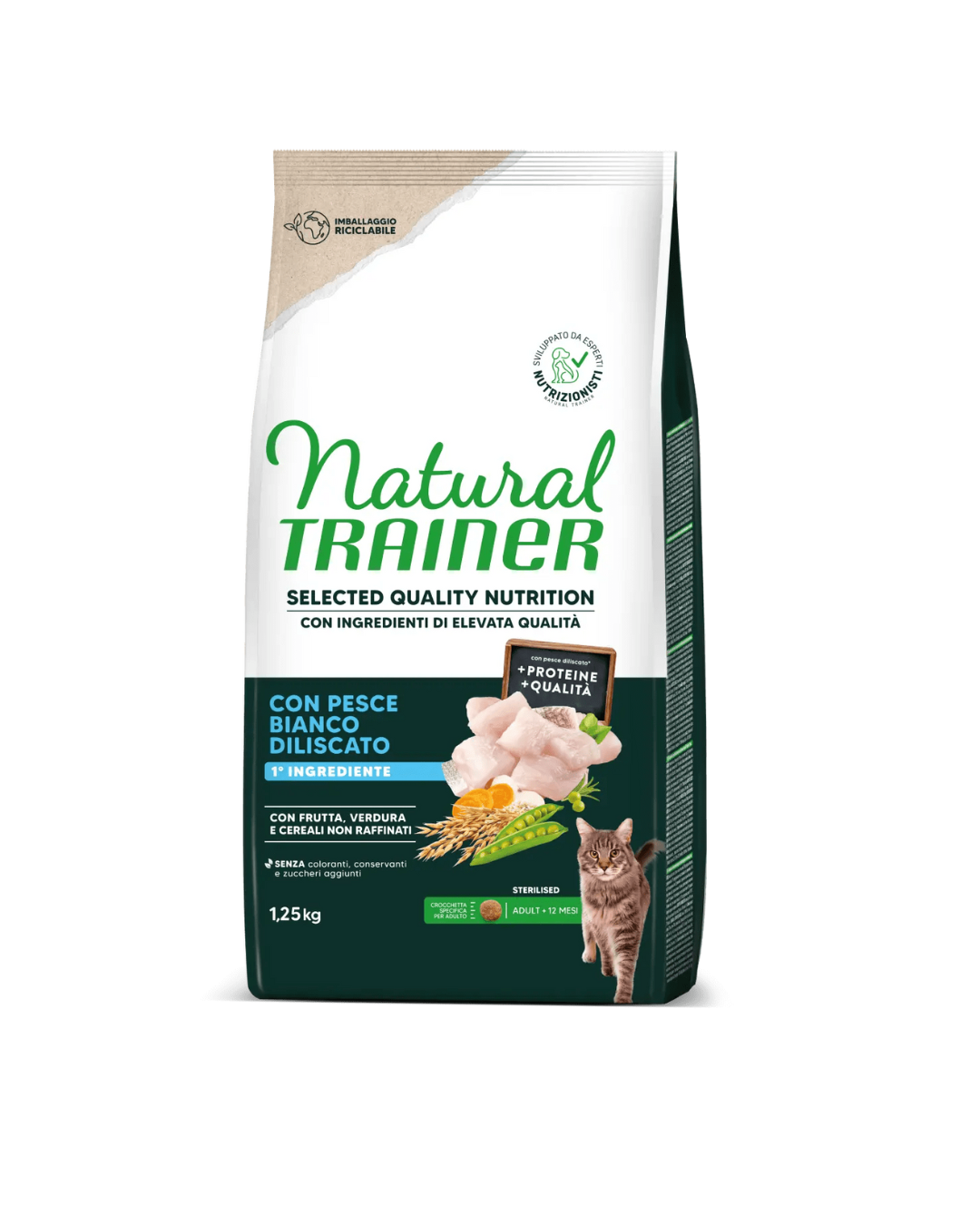Natural Trainer - Selected Quality Nutrition per Gatti Adulti Sterilizzati - Pesce Bianco da 1,25 kg