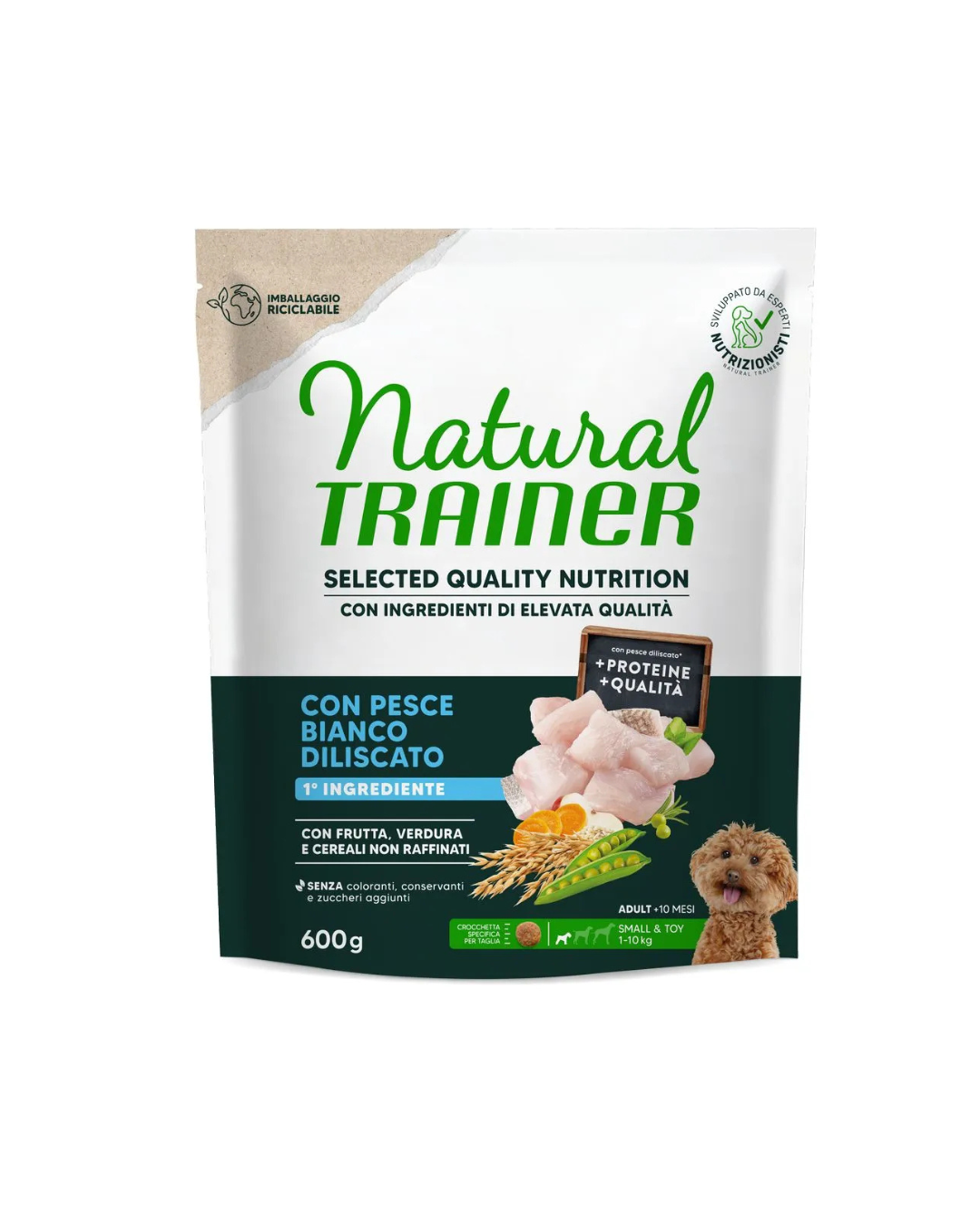 Natural Trainer - Selected Quality Nutrition per Cane Adulto Small & Toy - Pesce Bianco da 600g