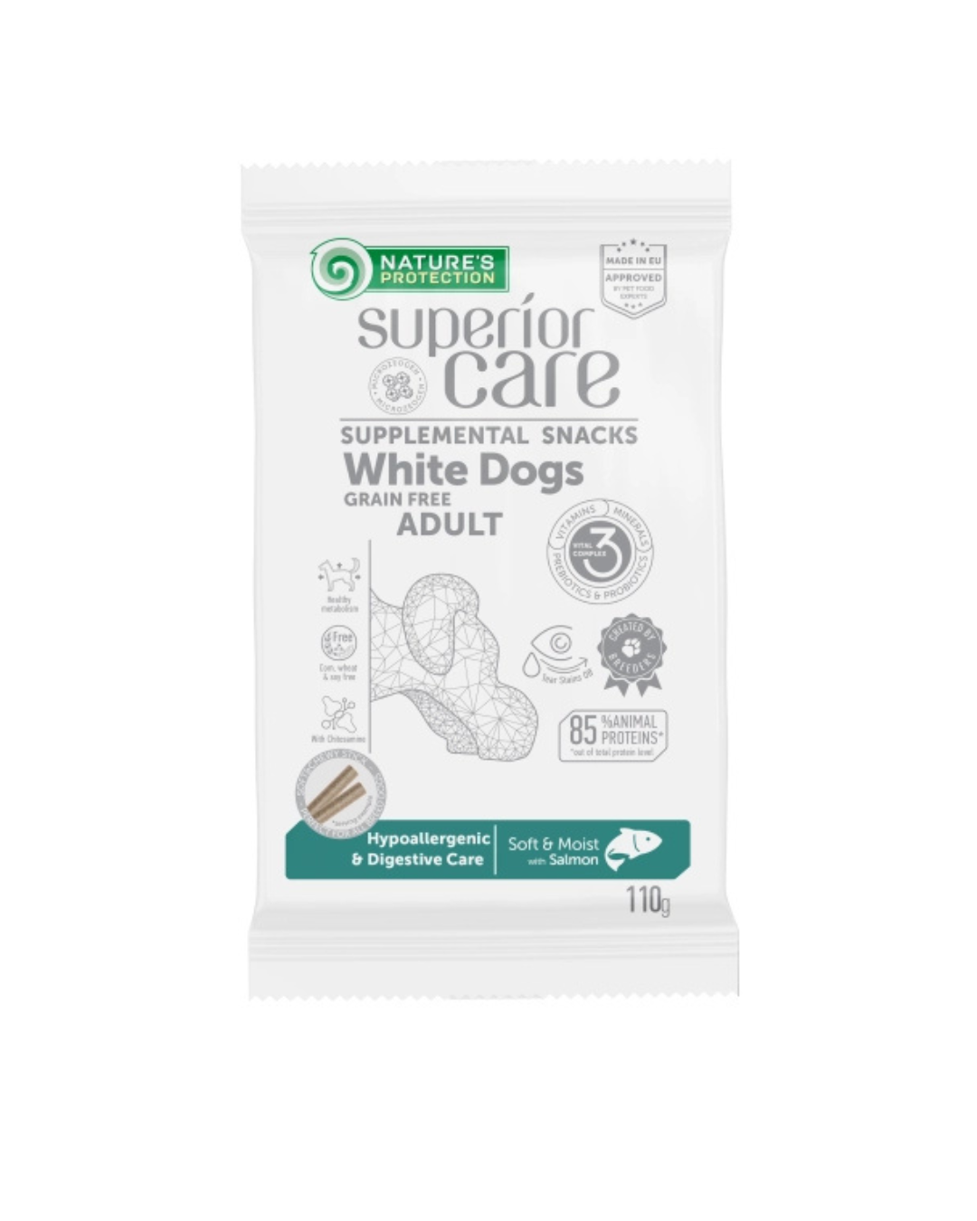 Nature's Protection - Superior Care Snack White Dog Grain Free - Hypoallergenic & Digestive Care - Salmone 110 gr (32 pz)