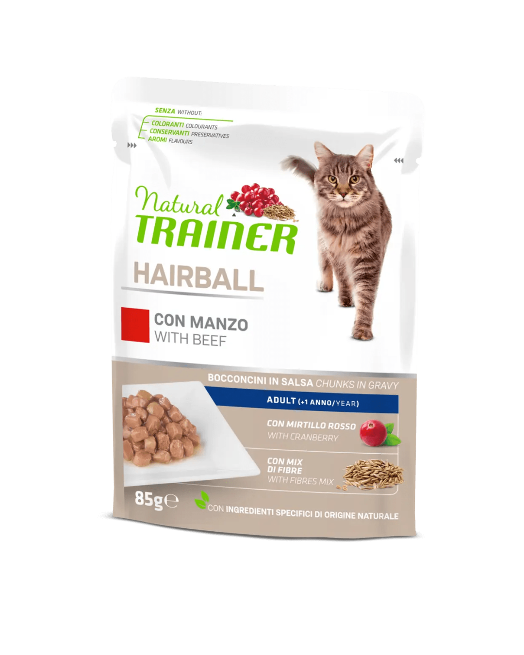 Natural Trainer - Bocconcini in Salsa Gatto Adulto Hairball - Manzo 85gr