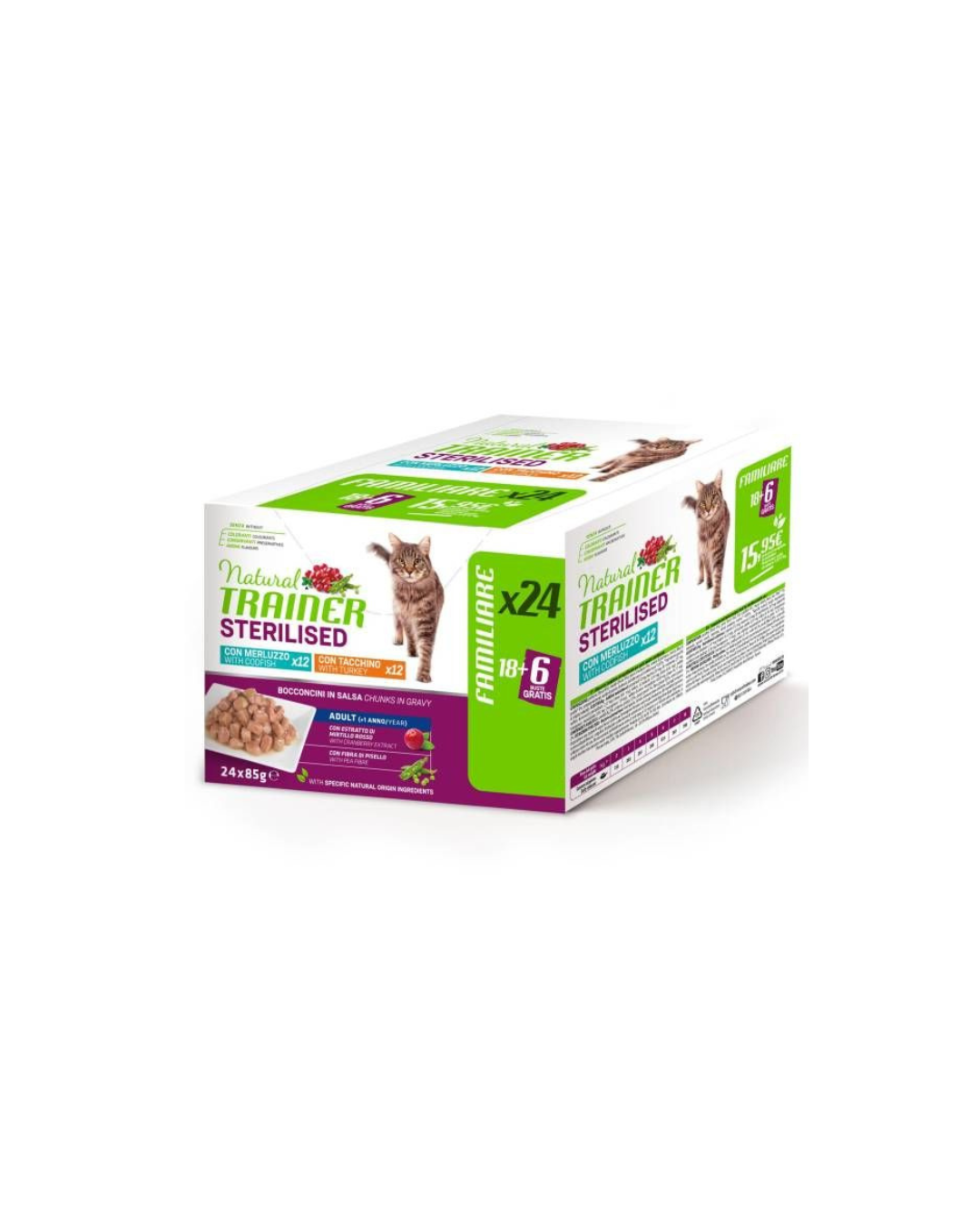 Natural Trainer - Gatto Adult Multipack x24 Mantenimento - Tacchino e Merluzzo 85gr x 24