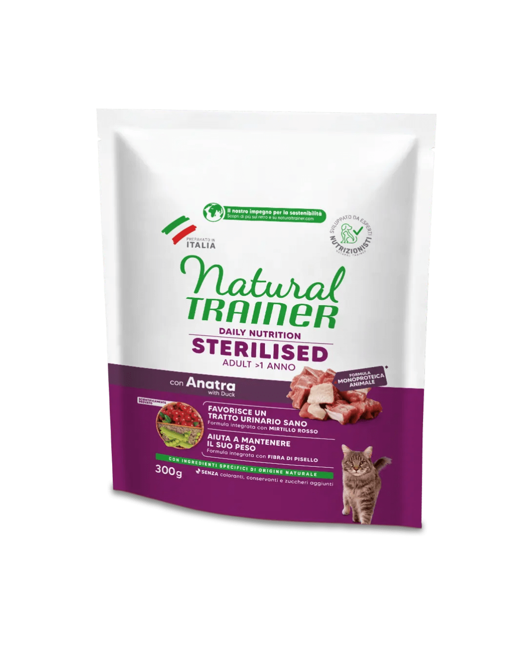 Natural Trainer - Gatto Adult Sterilizzato - Anatra e Fibra di Pisello 300gr