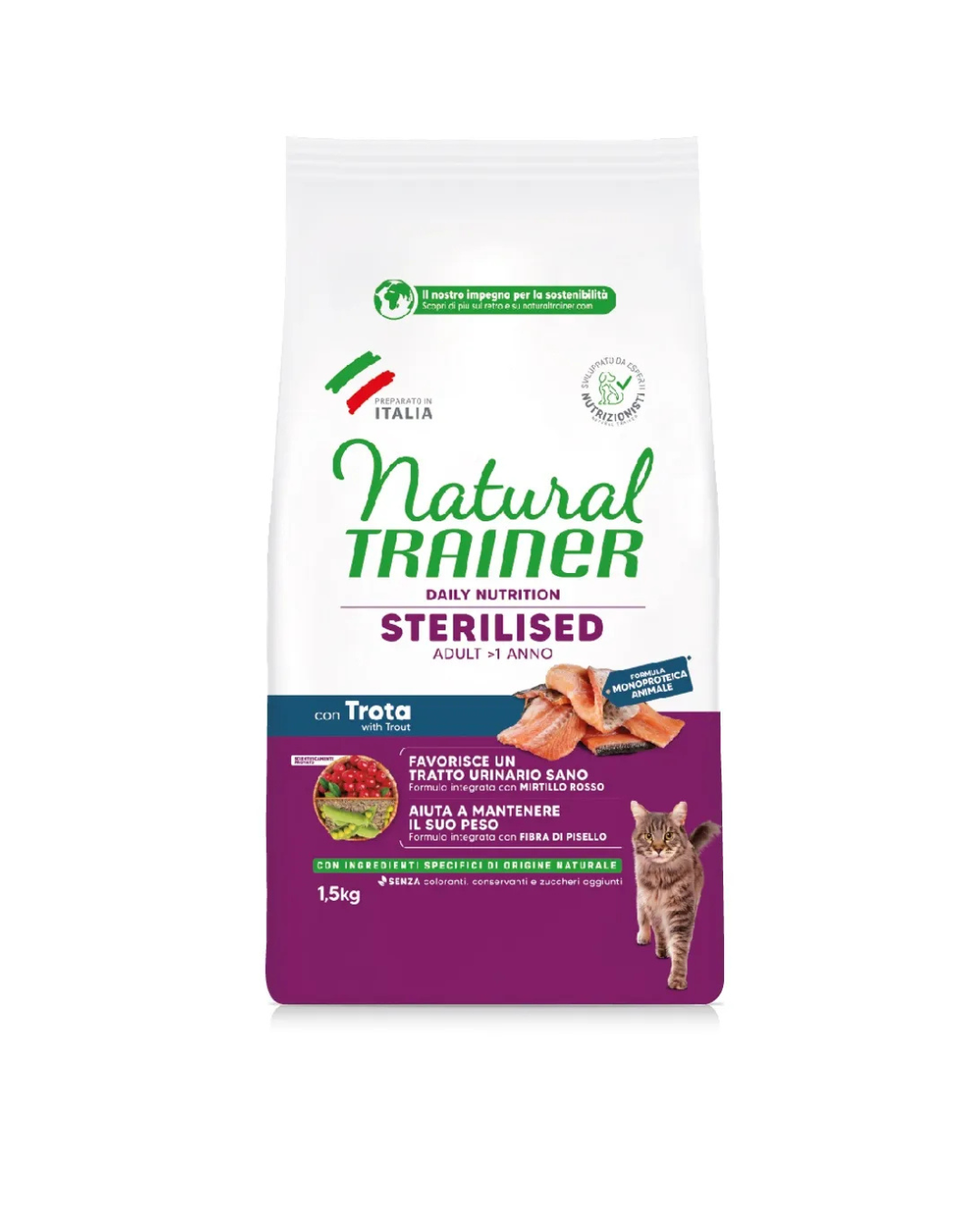 Natural Trainer - Gatto Adult Sterilizzato - Trota e Fibra di Pisello 1,5kg