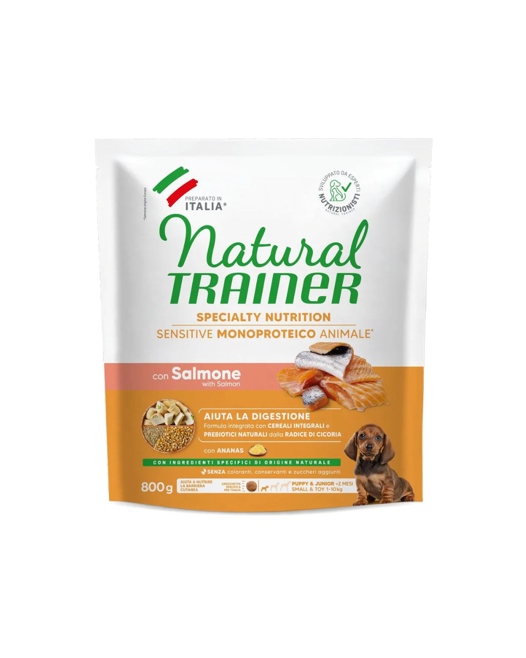 Natural Trainer - Sensitive No Gluten Puppy & Junior - Salmone e Cereali Integrali 800 gr