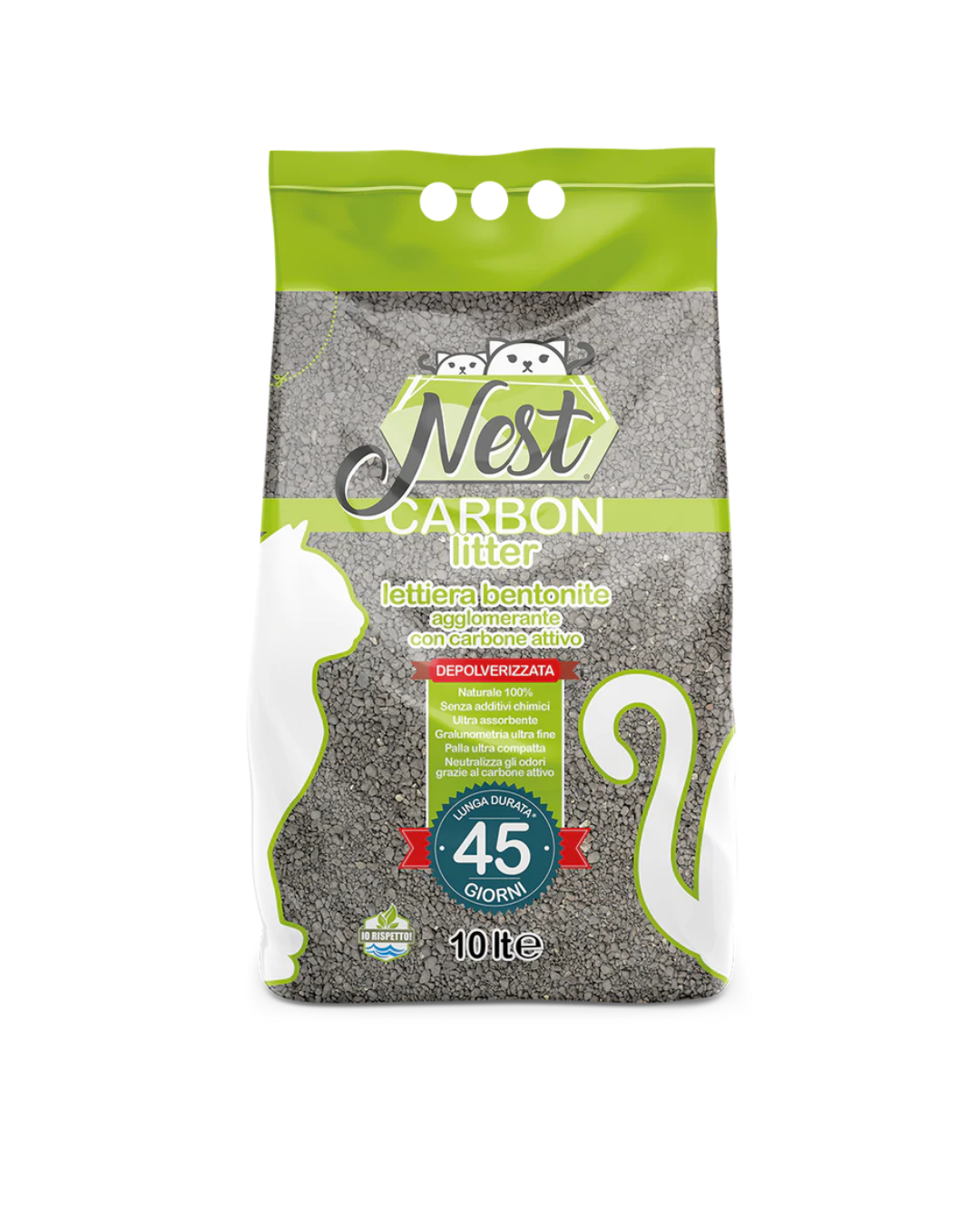 Nest - Lettiera Bentonite Depolverata Agglomerante - ai Carboni Attivi 10 Lt