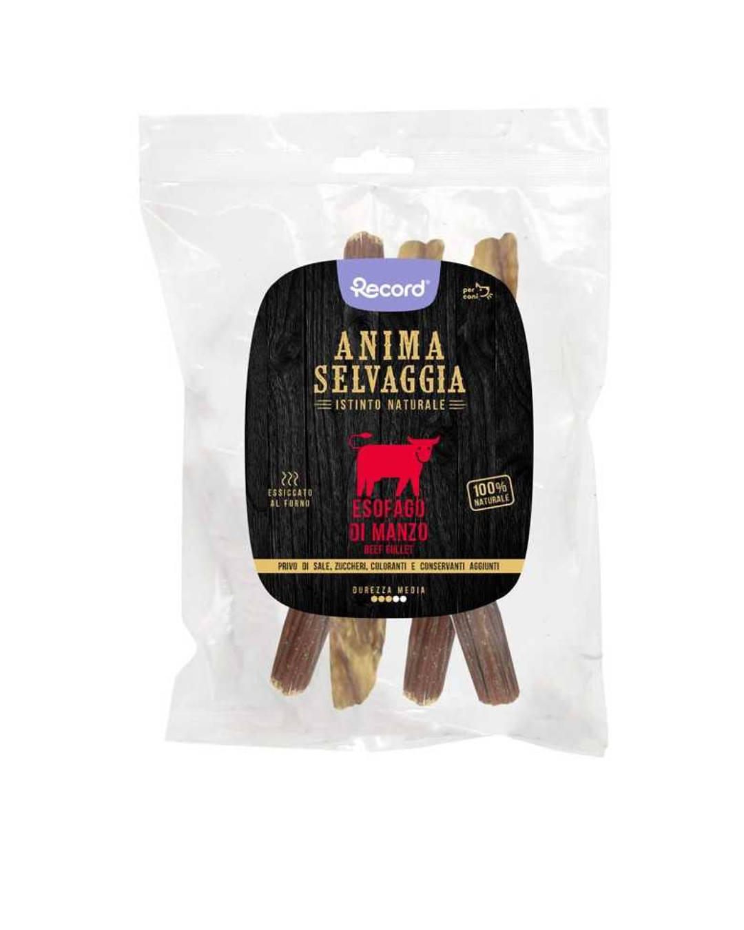 Record Anima Selvaggia Esofago Tondo di Manzo per Cani 50gr
