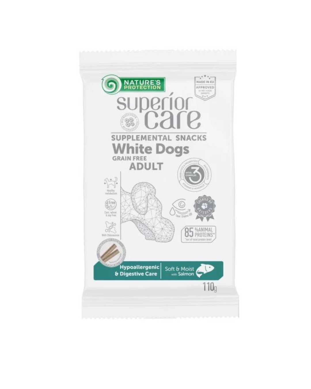 Nature's Protection - Superior Care Snack White Dog Grain Free - Hypoallergenic &amp; Digestive Care - Salmon 110 gr